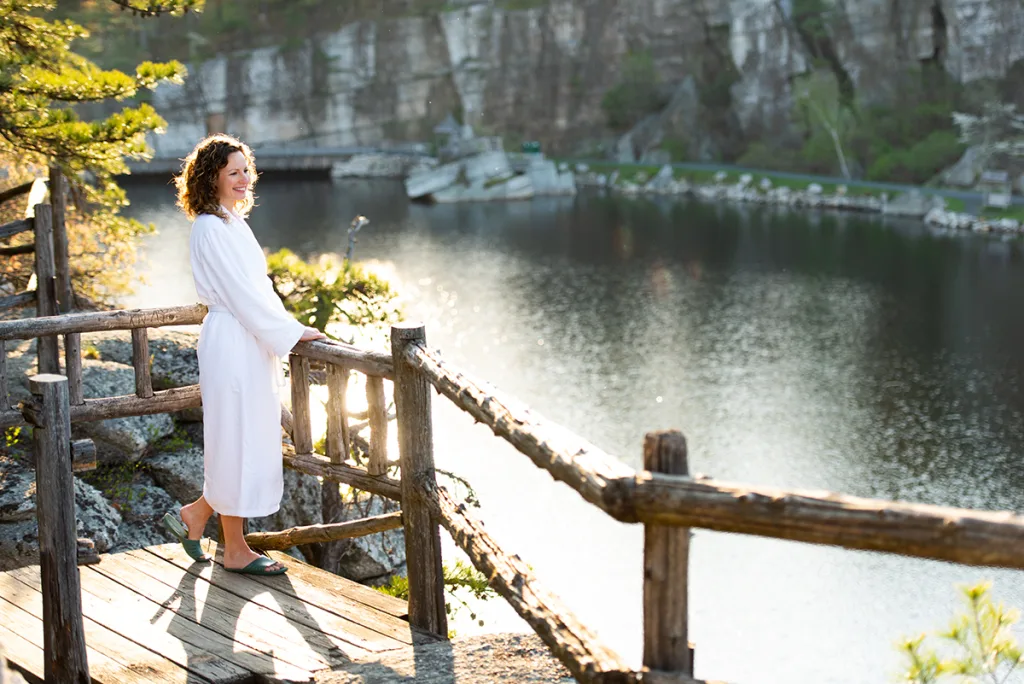 Mohonk Mountain House woman in bathrobe at outdoor spa